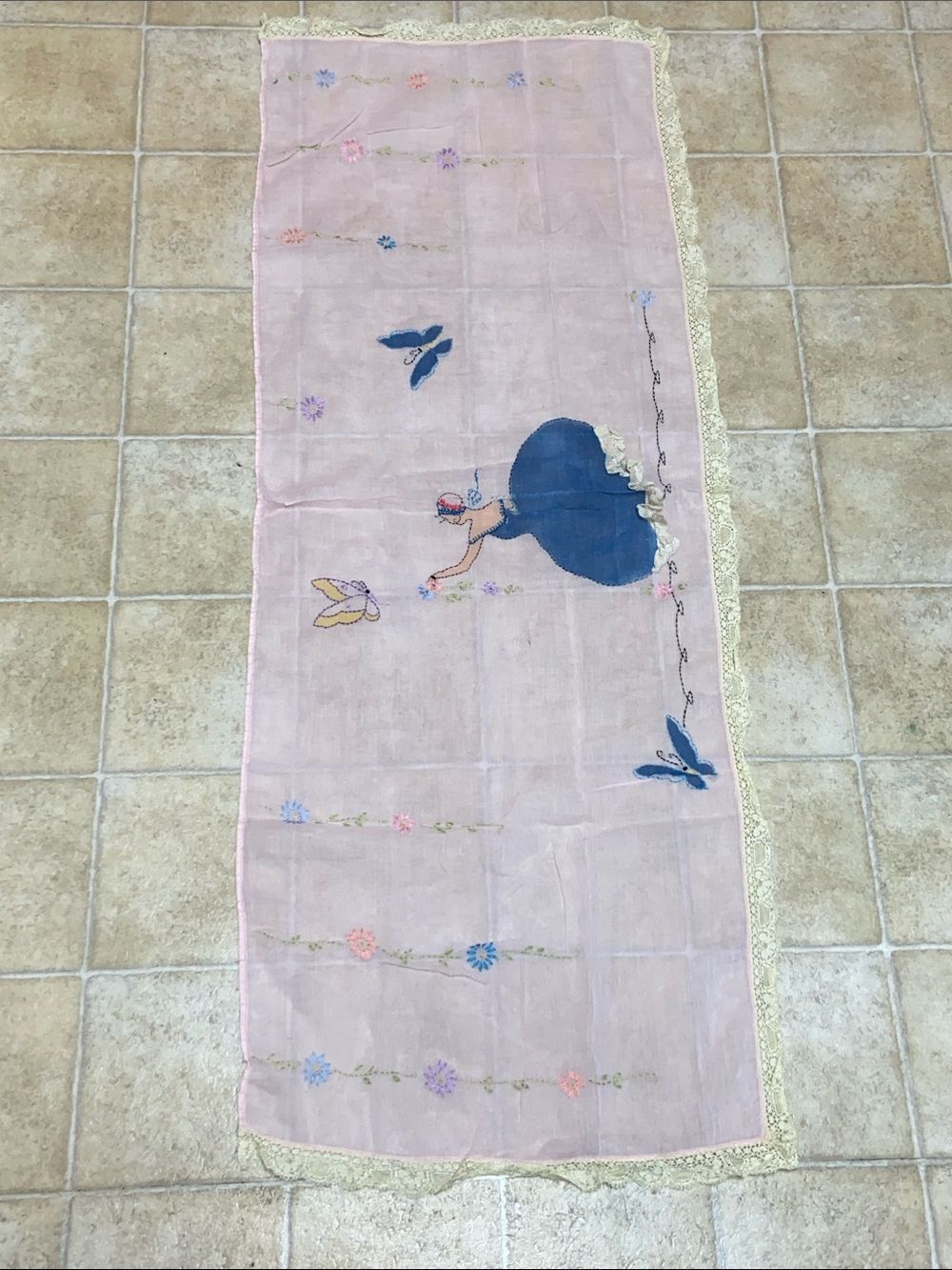 Pink Embroidered Scarf Pinck with Blue Figurine and Butterflies Sz, 44”X17”